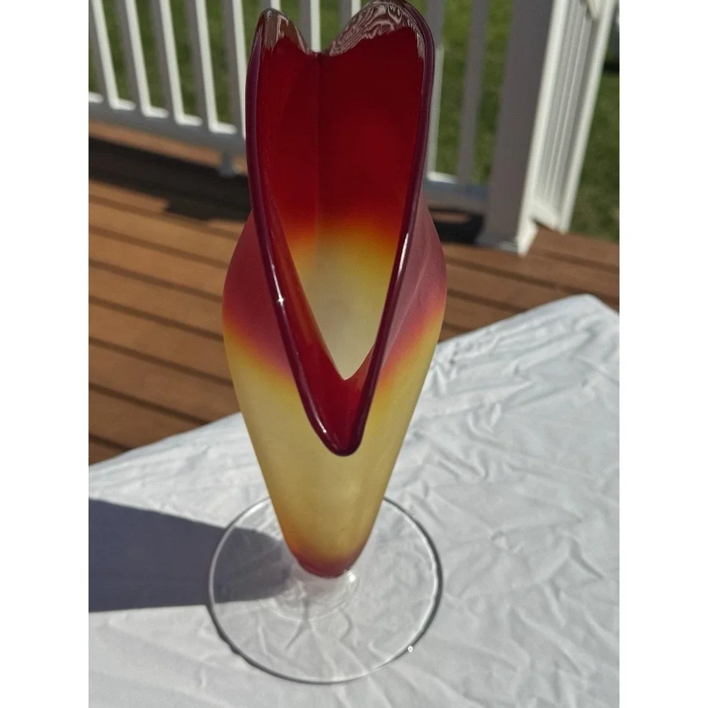 Blenko Fan Vase #872 Satin Amberina Red Yellow Hand Blown 12